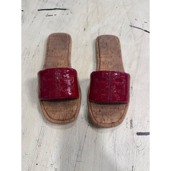 Tory Burch Women's Red Cork & Patent Leather Logo Slide Sandals Size 8.5 - Picture 2 of 8